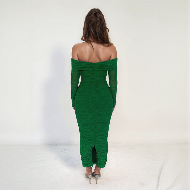 Seraphina Mesh Off-Shoulder Ruched Midi Dress