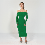 Seraphina Mesh Off-Shoulder Ruched Midi Dress