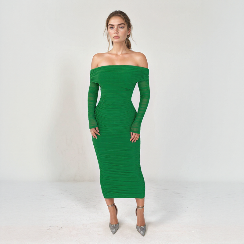 Seraphina Mesh Off-Shoulder Ruched Midi Dress