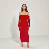 Seraphina Mesh Off-Shoulder Ruched Midi Dress
