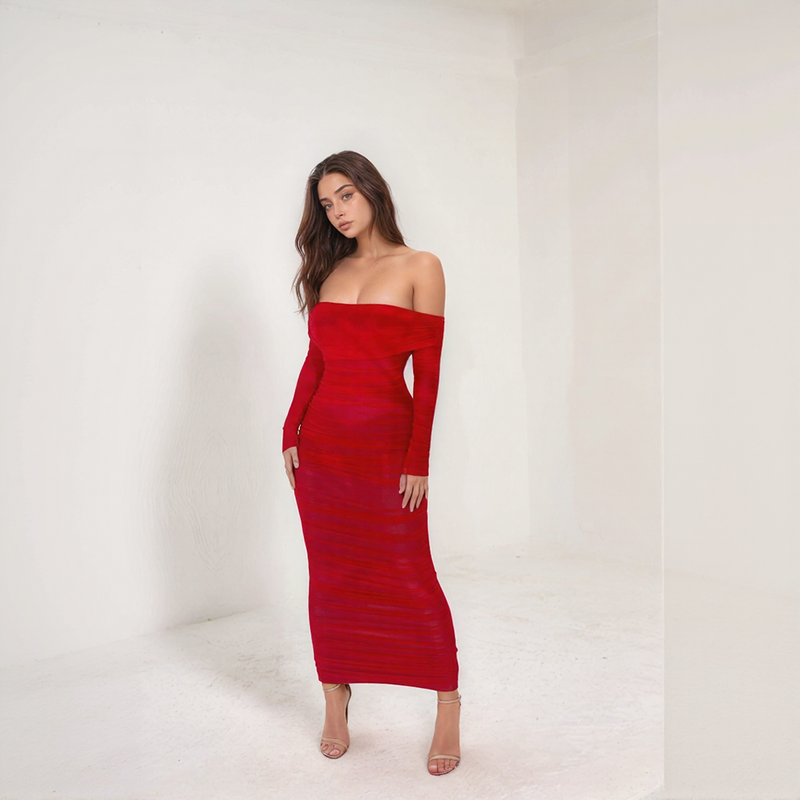 Seraphina Mesh Off-Shoulder Ruched Midi Dress