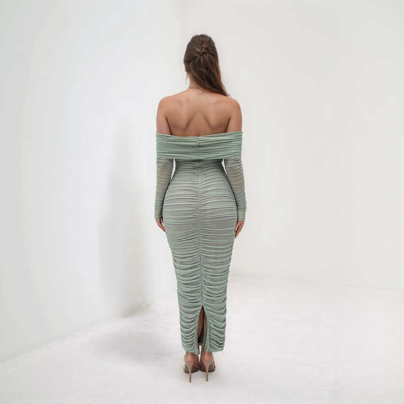 Seraphina Mesh Off-Shoulder Ruched Midi Dress