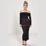 Seraphina Mesh Off-Shoulder Ruched Midi Dress