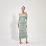 Seraphina Mesh Off-Shoulder Ruched Midi Dress