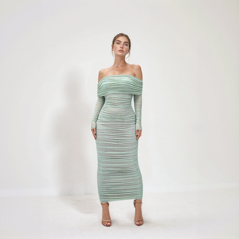 Seraphina Mesh Off-Shoulder Ruched Midi Dress