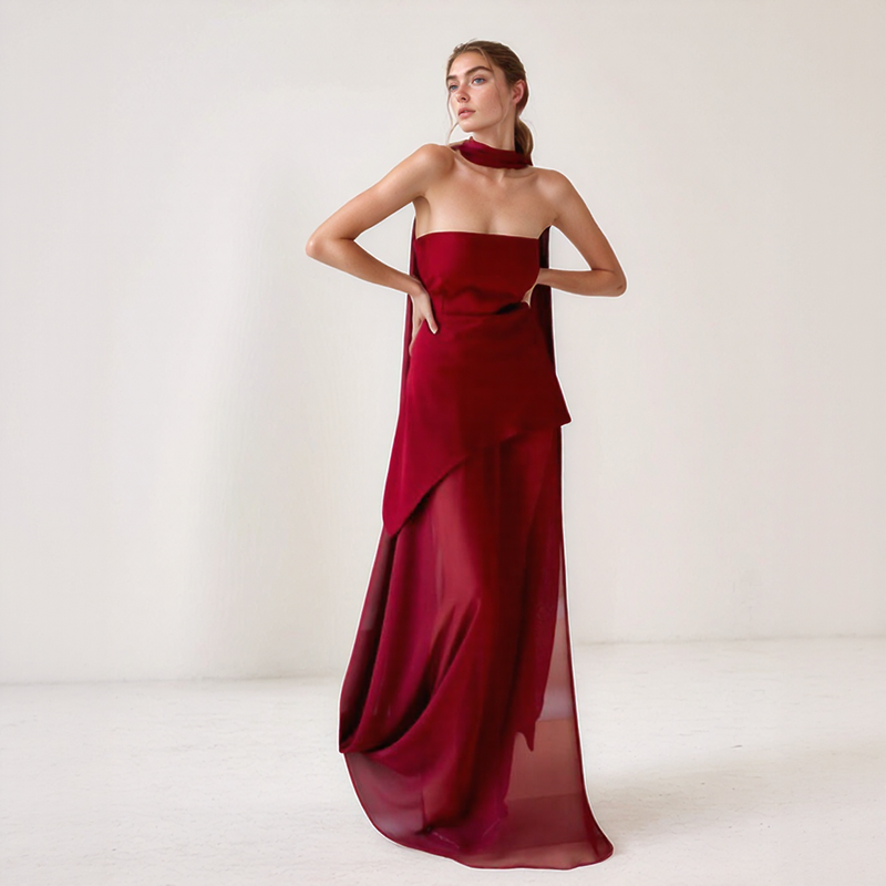 Asymmetric Chiffon Maxi Dress with Scarf Neck Detail