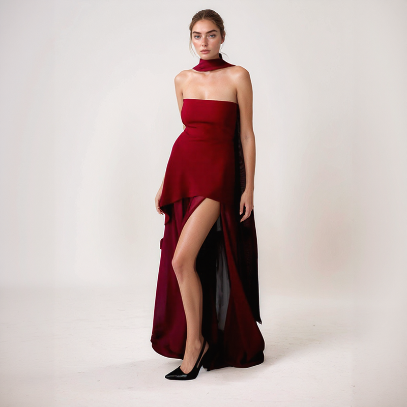 Asymmetric Chiffon Maxi Dress with Scarf Neck Detail