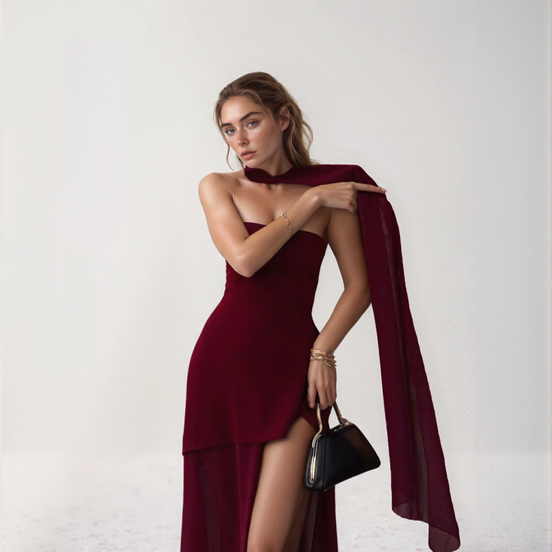 Asymmetric Chiffon Maxi Dress with Scarf Neck Detail