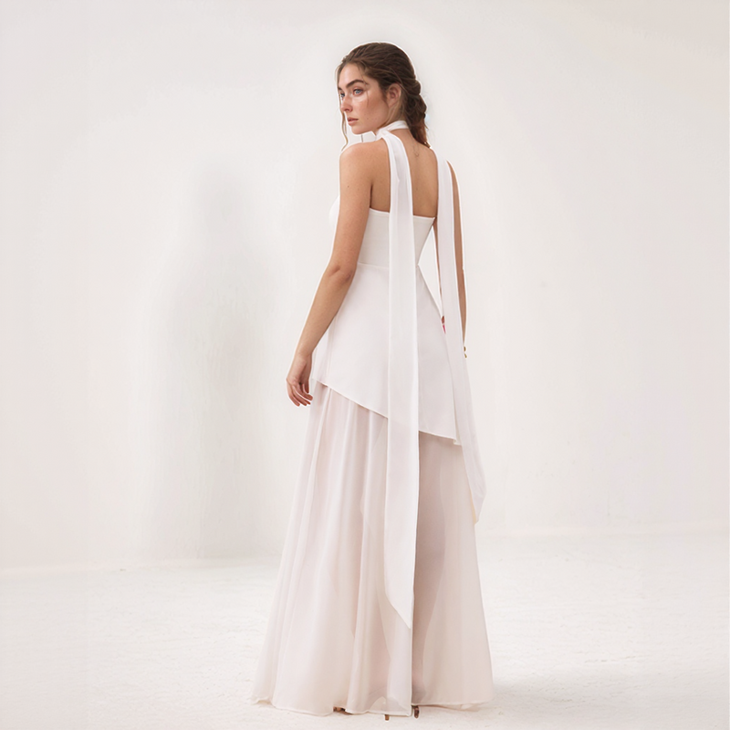 Asymmetric Chiffon Maxi Dress with Scarf Neck Detail