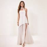 Asymmetric Chiffon Maxi Dress with Scarf Neck Detail