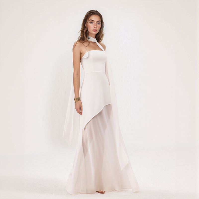 Asymmetric Chiffon Maxi Dress with Scarf Neck Detail