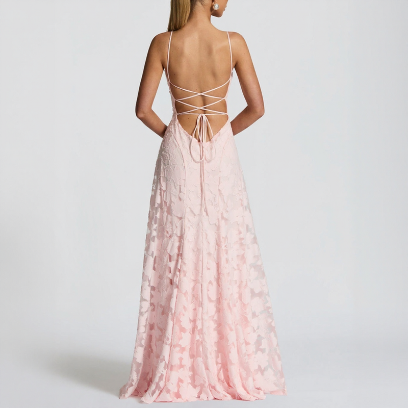 Floral Lace-Up Back Maxi Dress with Spaghetti Straps
